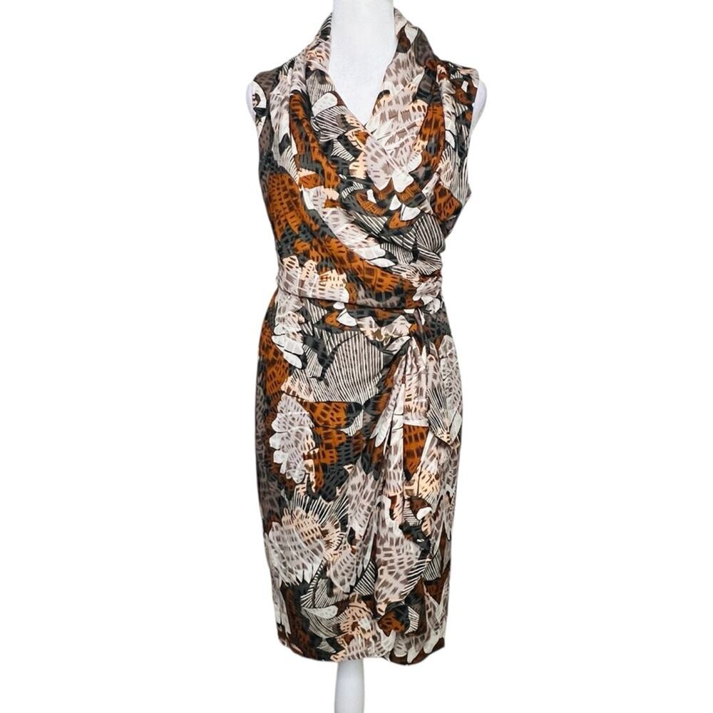 HM Earthtone Floral Wrap Dress Size 8 Cinch Waist Chiffon Draped Ruffle Career